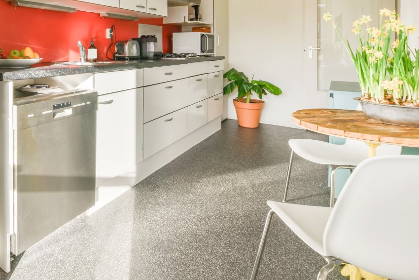 Kitchen interior with white cabinets and plants decors