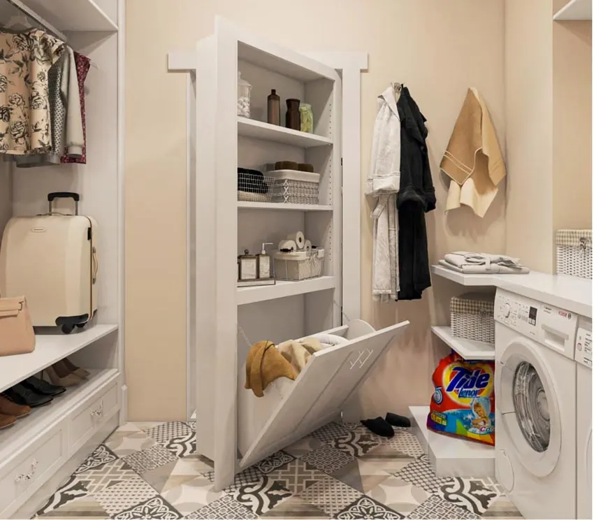 Laundry room with washing machine, and closet murphy door