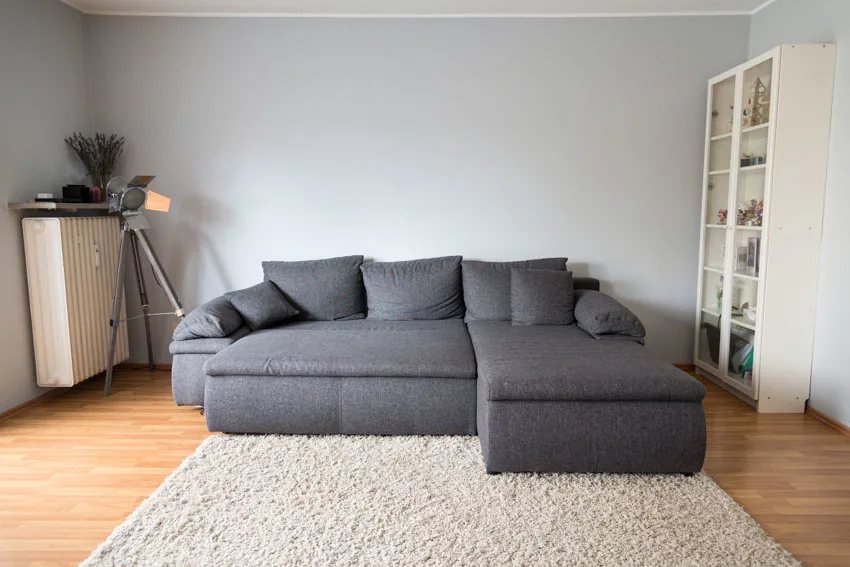 dark gray couch with pillows and off white caret