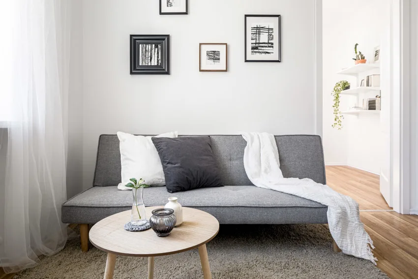 gray sofa with wall art