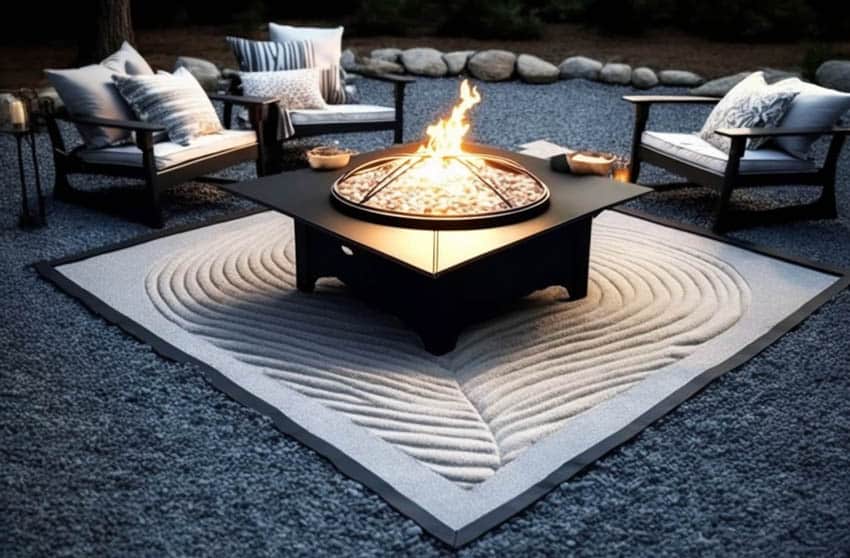 Loose gravel fire pit seating area with outdoor rug