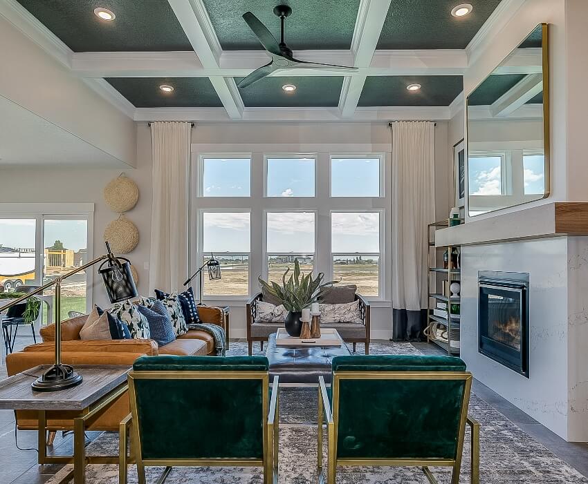 Mid century modern style living room interior with green coffered ceiling and gorgeous furniture
