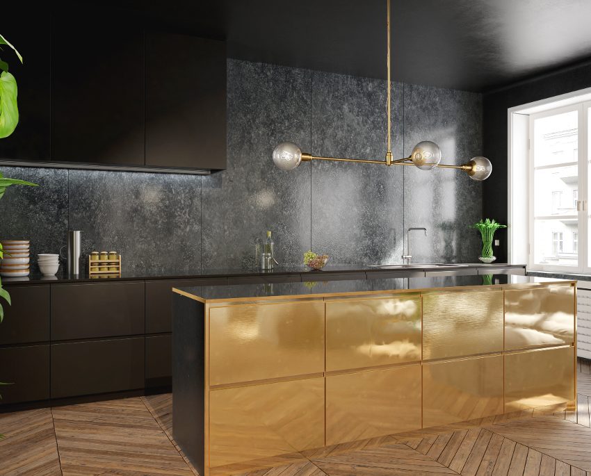 Modern black and gold kitchen interior design with vinyl wall panels, wood flooring, island and bubble chandelier 