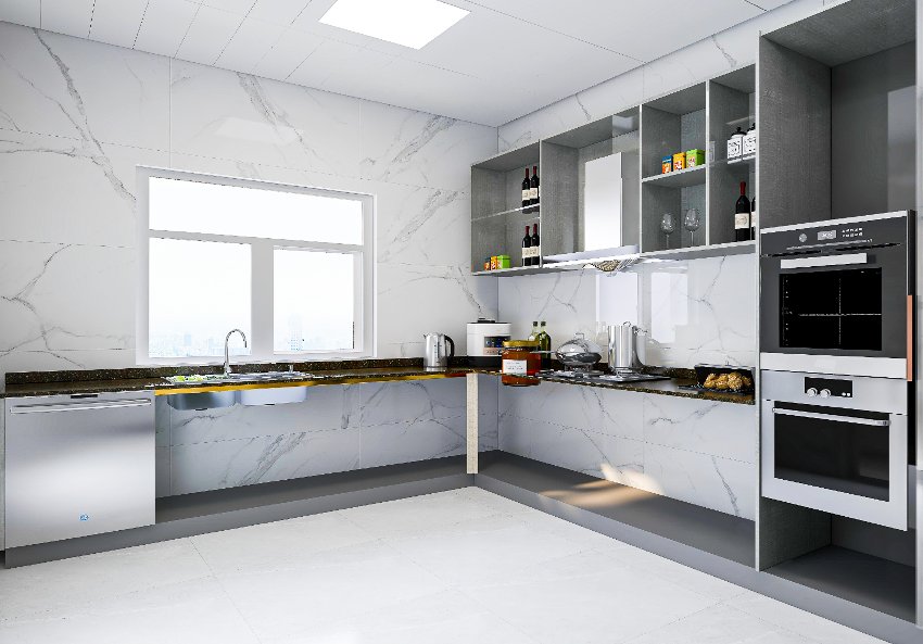 Modern kitchen design with natural lighting, marble wall panels, open cabinets and kitchenware