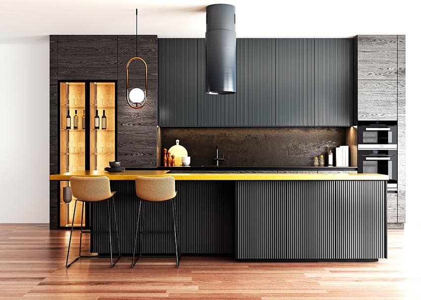 Modern kitchen with black fluted cabinet doors led backlit wine storage yellow countertop