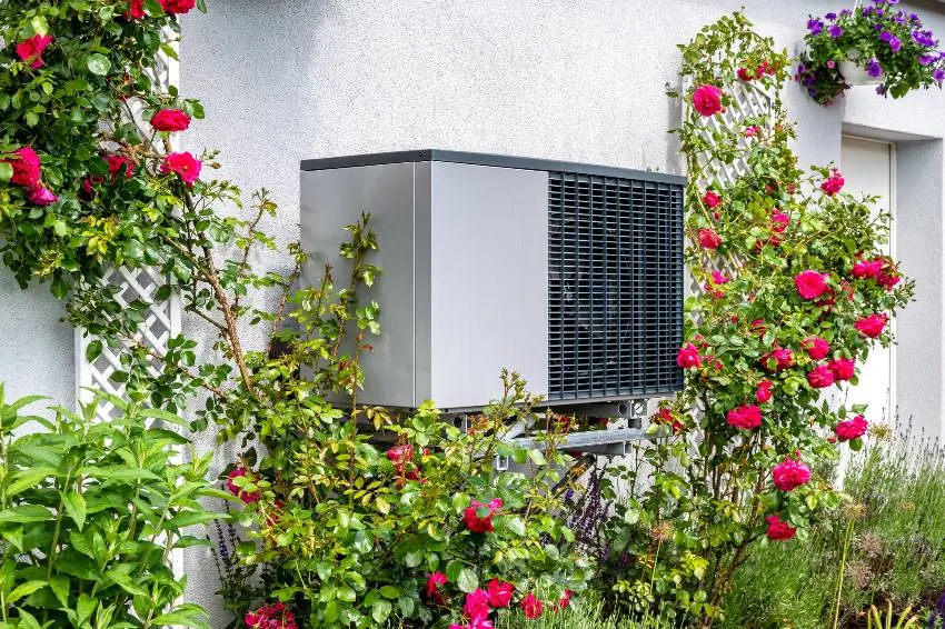 Outdoor air-conditioning outside the garage with plants surrounding it