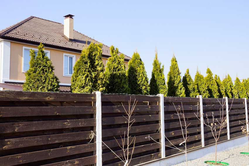 Outdoor area with wood horizontal fence, and hedge trees