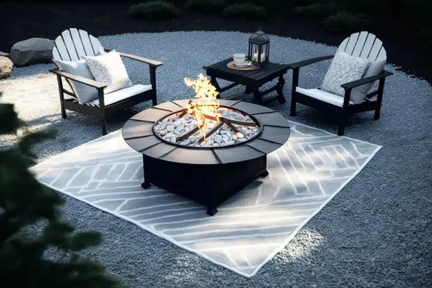 Outdoor fire pit with sitting area and rug over gravel