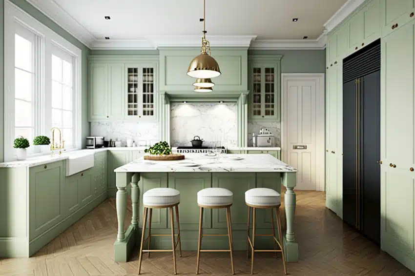 Sage green kitchen cabinets with darker green walls and marble island