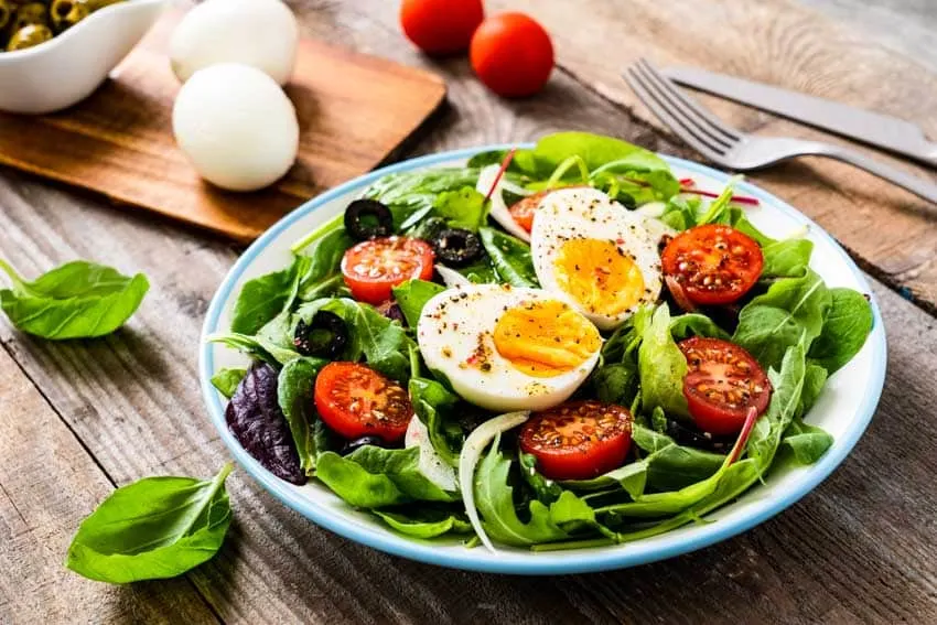 Salad bowl with greens, tomatoes ad soft boiled egg