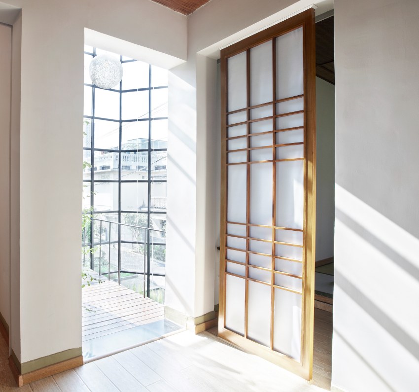 Shoji door near the stairs with glass windows