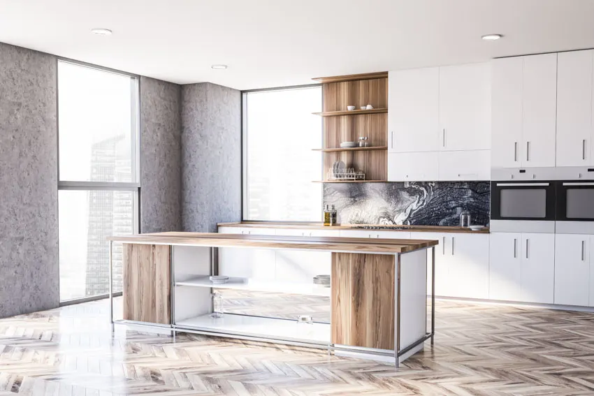 Spacious Kitchen With Window Onyx Backsplash Cabinets Center Island Countertop And Shelves Is .webp