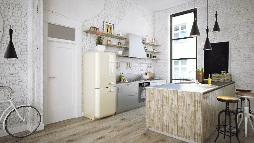 Stunning rustic kitchen design with decorative peel and stick wall panels, trendy fridge and island with pendant lights above it