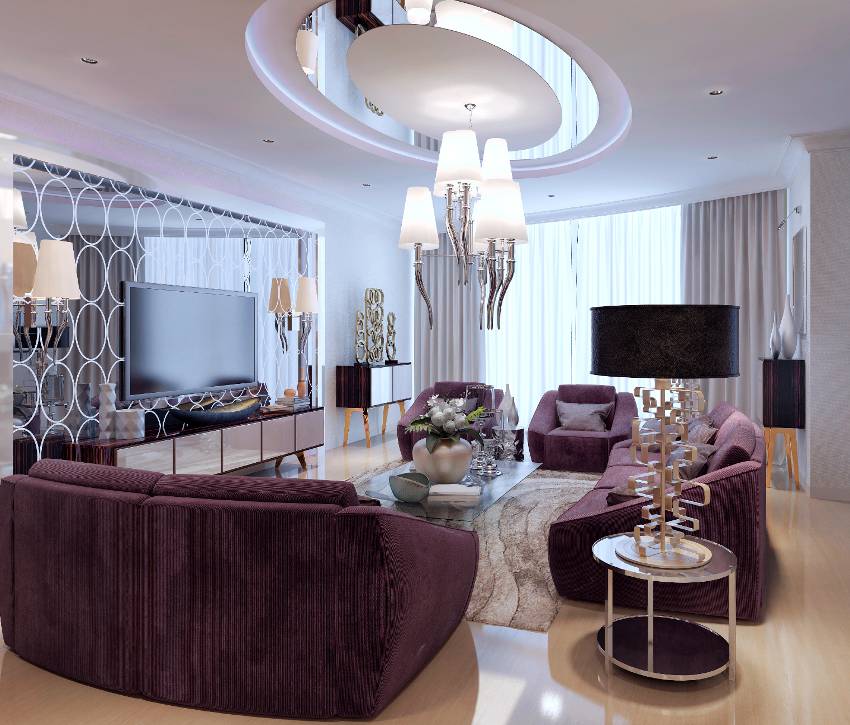 Stylish living room with chandelier lamp shades, purple sofas and beautiful table accessories
