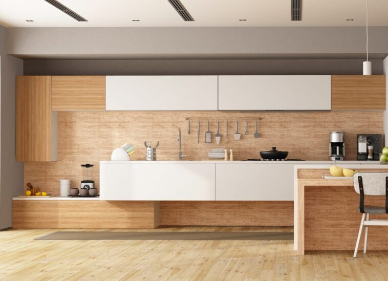 White And Wooden Modern Kitchen With Island And Wood Paneling Kitchen Walls Is 758x549 