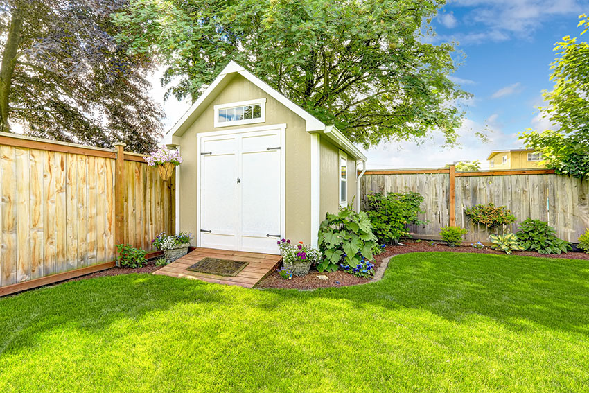 Backyard with shed sod grass lawn and wooden fence