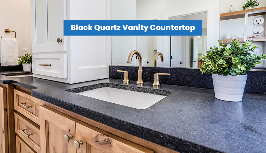 Bathroom vanity with black quartz countertop