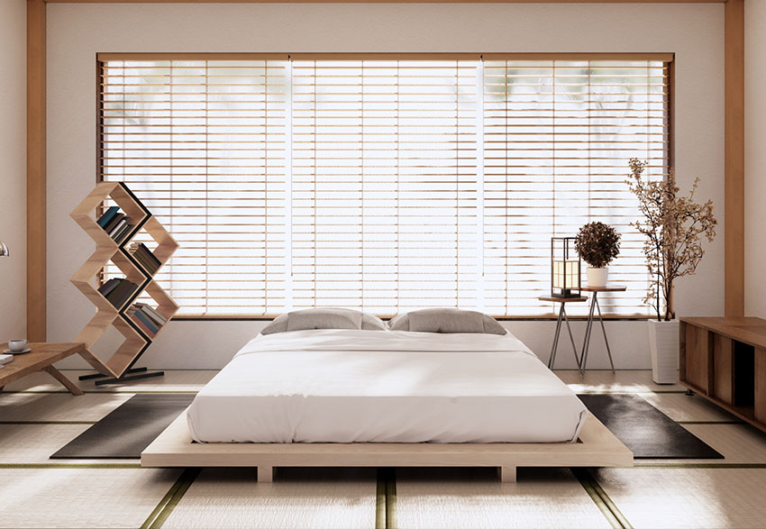 Bedroom with tatami mat bed picture windows with blinds modern book shelve