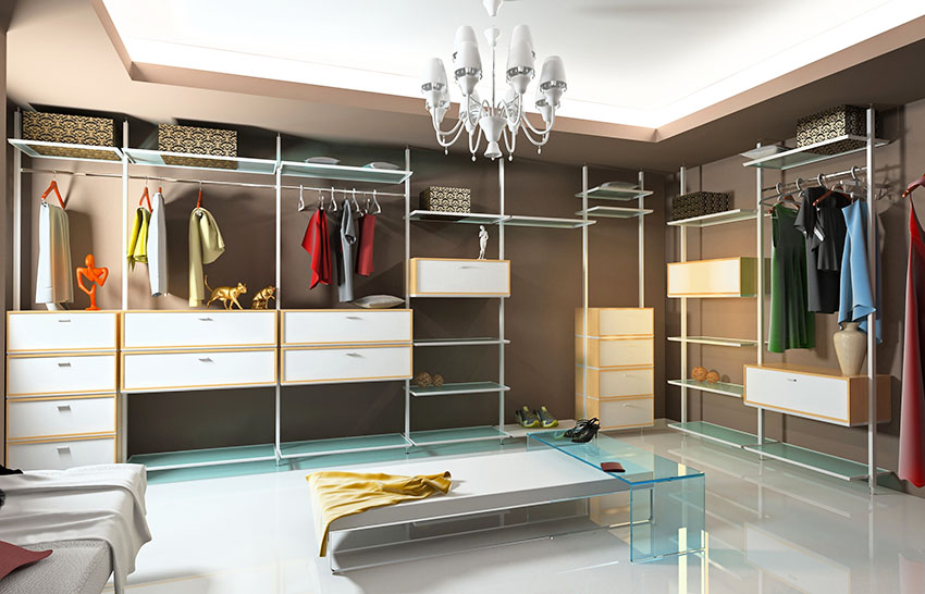 Closet with metal frame shelves modern coffee table chandelier