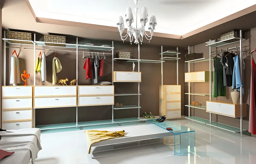 Closet with metal frame shelves modern coffee table chandelier