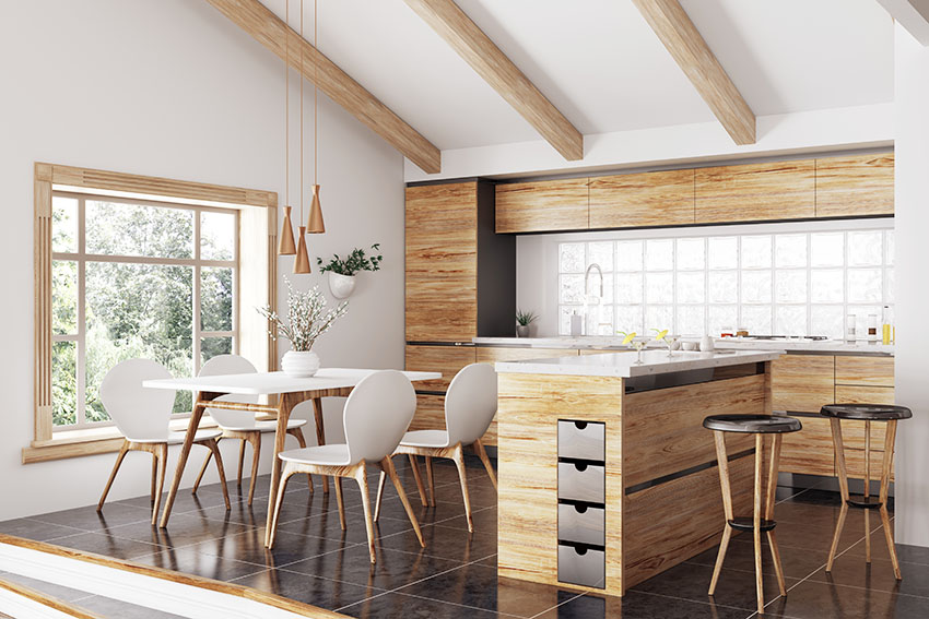 Boho kitchen interior design wooden full overlay kitchen cabinets black floor tile nordic dining table beam ceiling