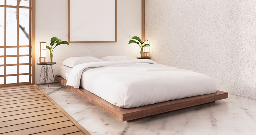 Japanese style bedroom with tatami bed bedside stools comb wall