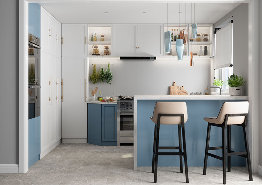 Kitchen with breakfast bar blue accent paint counter stool gray floor tile