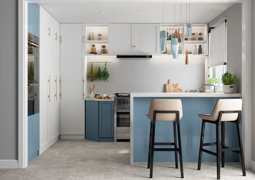Breakfast bar blue accent paint, counter stool and gray floor tiles