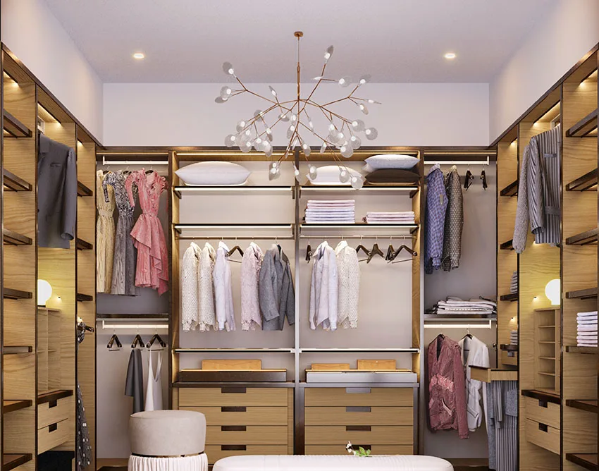 Modern closet with modern chandelier gray paint