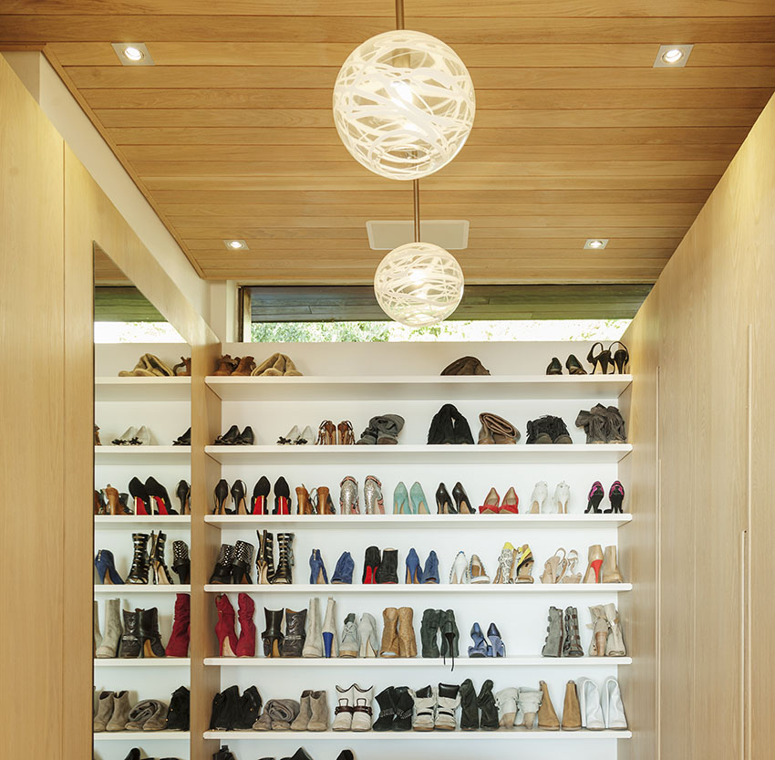 Shoe closet with ball chandelier