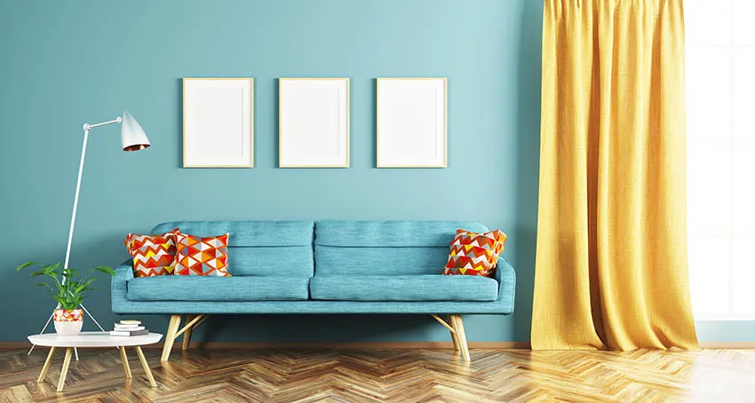 Aqua living room with yellow curtains
