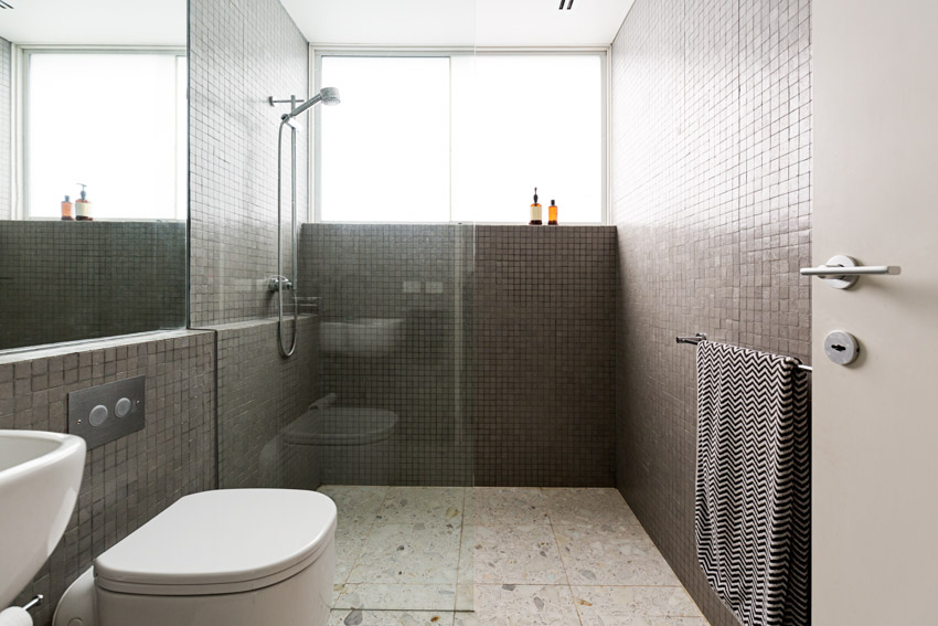 Bathroom with porcelain mosaic tile shower wall, showerhead, towel holder, window, toilet, and mirror