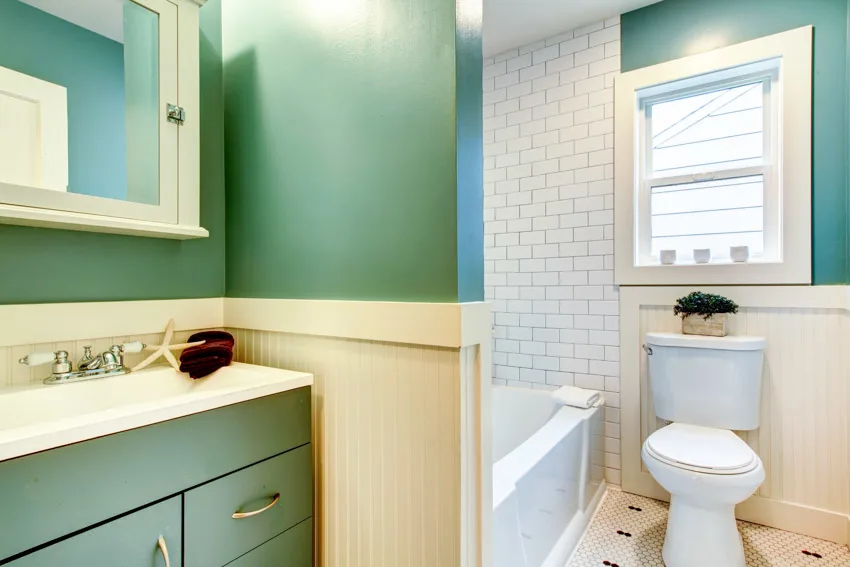 Bathroom with aqua walls, vanity area, mirror, countertop, tile shower wall, toilet, and window