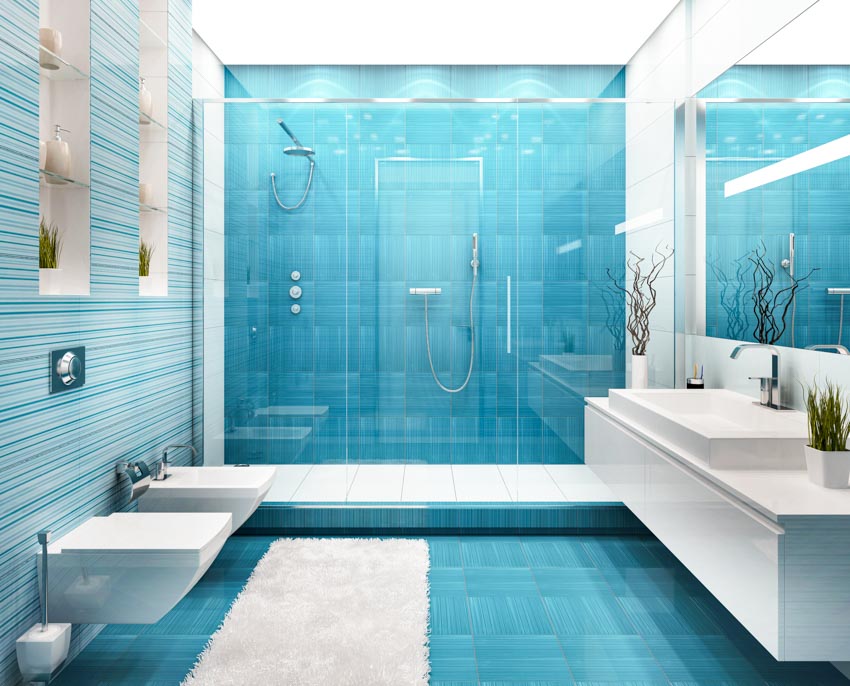 Bathroom with modern glass tile shower, toilet, bidet, floating vanity, sink, and mirror