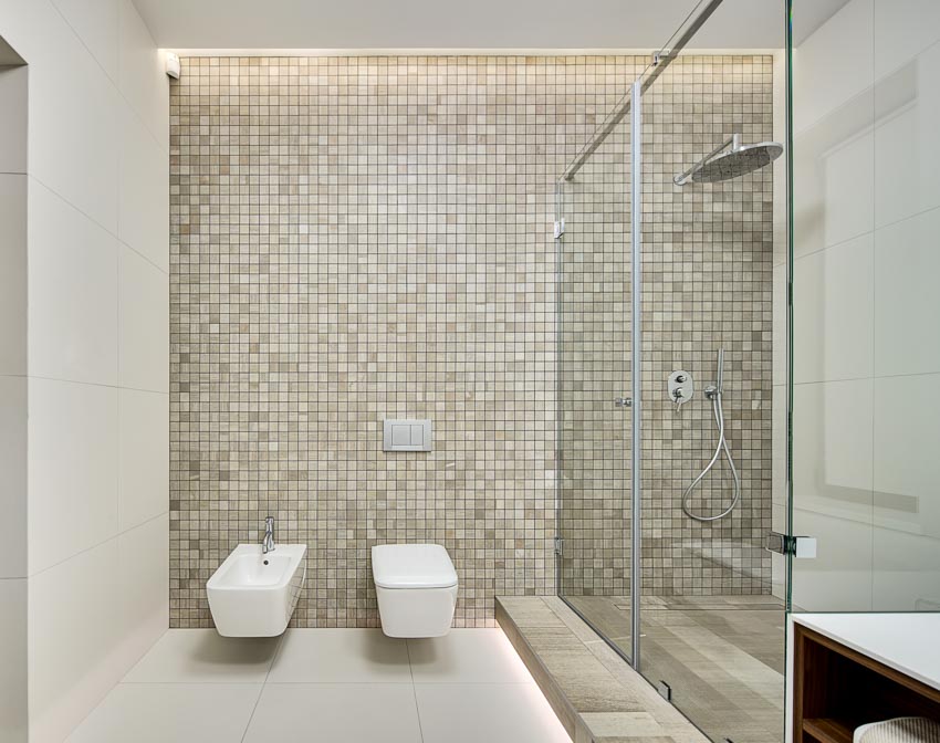 Bathroom with mosaic tile shower wall, glass door, toilet, and bidet