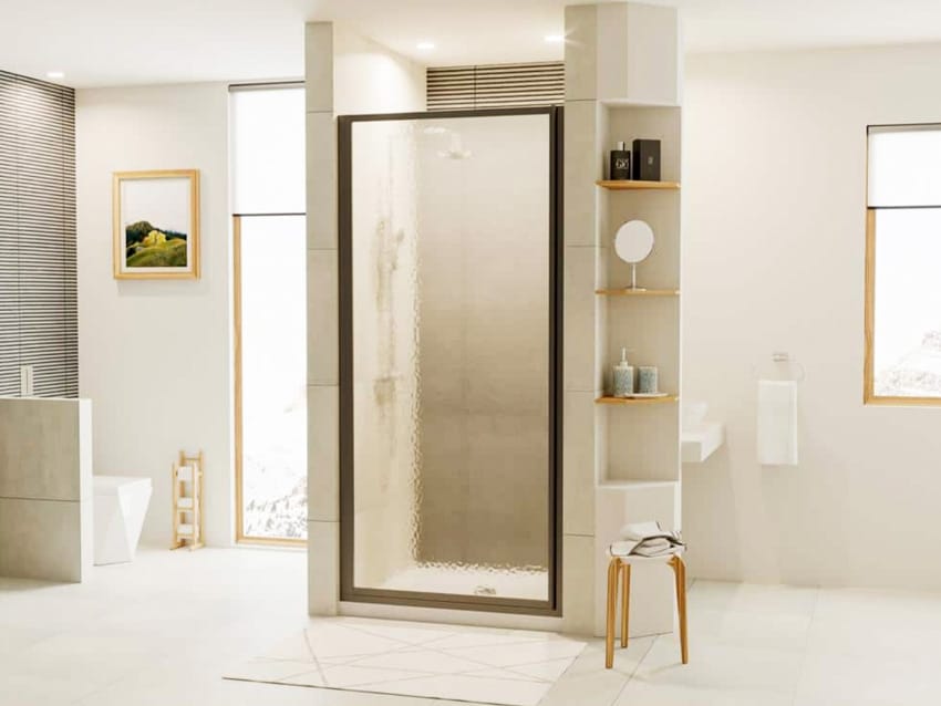 Bathroom with pivot door for showers, windows, and shelves