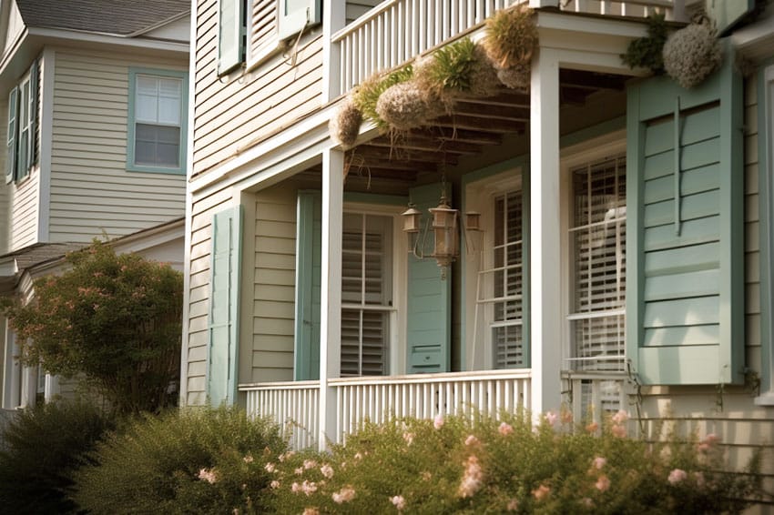 Beach house with tan color and teal shutters