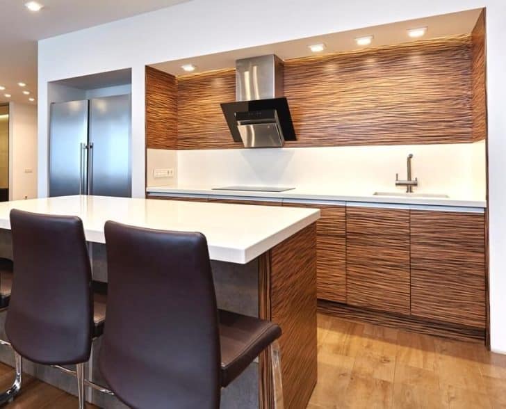 Teak Kitchen Cabinets Grades Options   Beautiful Kitchen Interior With Teak Kitchen Cabinets And Island With Quartz Countertop And Black Chairs Ss 728x588 