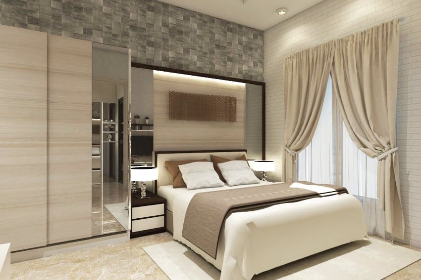 A modern bedroom design with cream marble flooring and walls and gray wooden textures accent