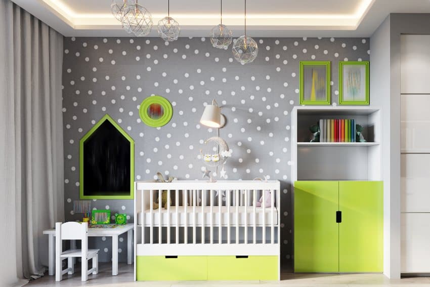 A bright and cozy children's room in modern urban contemporary style interior design with gray walls, white furniture with lime green accents
