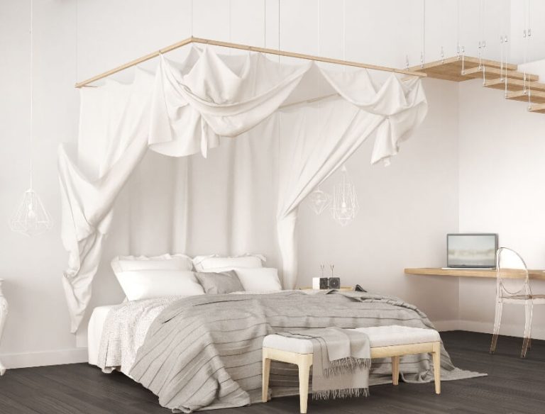 Ceiling Mounted Canopy Bed In Minimalistic Scandinavian White And Gray Bedroom With Bench Is 768x584 
