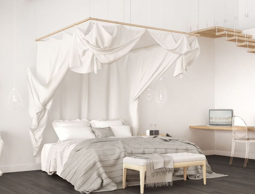 Ceiling mounted canopy bed in minimalistic Scandinavian white and gray bedroom with bench