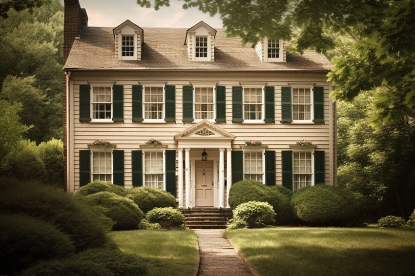 Colonial house with tan color and green shutters