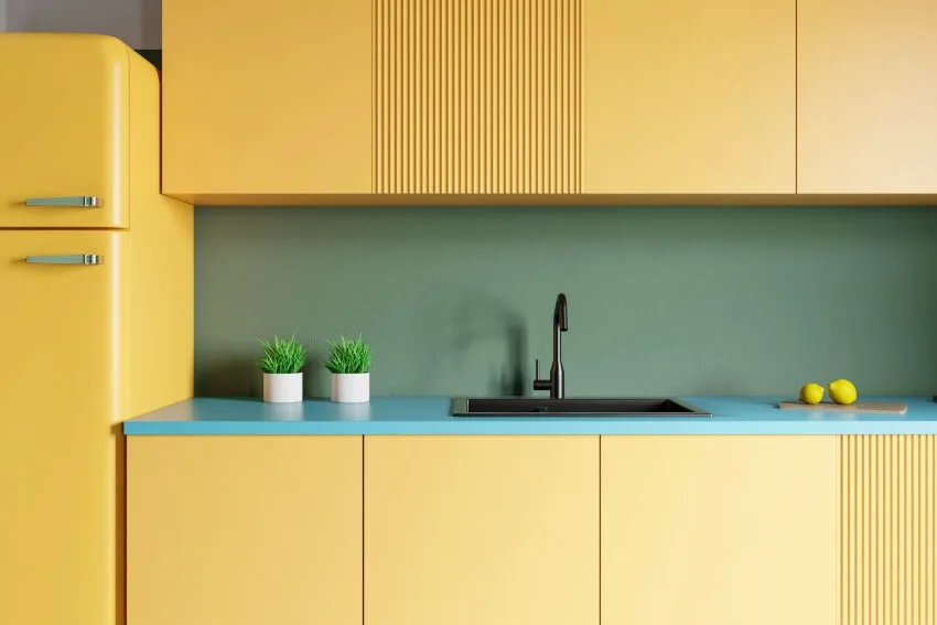 Colorful kitchen design with countertops painted with sky blue, pastel green backsplash, and yellow cabinets with fridge on the side