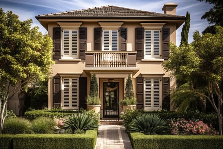 Contemporary house with tan color and dark brown shutters