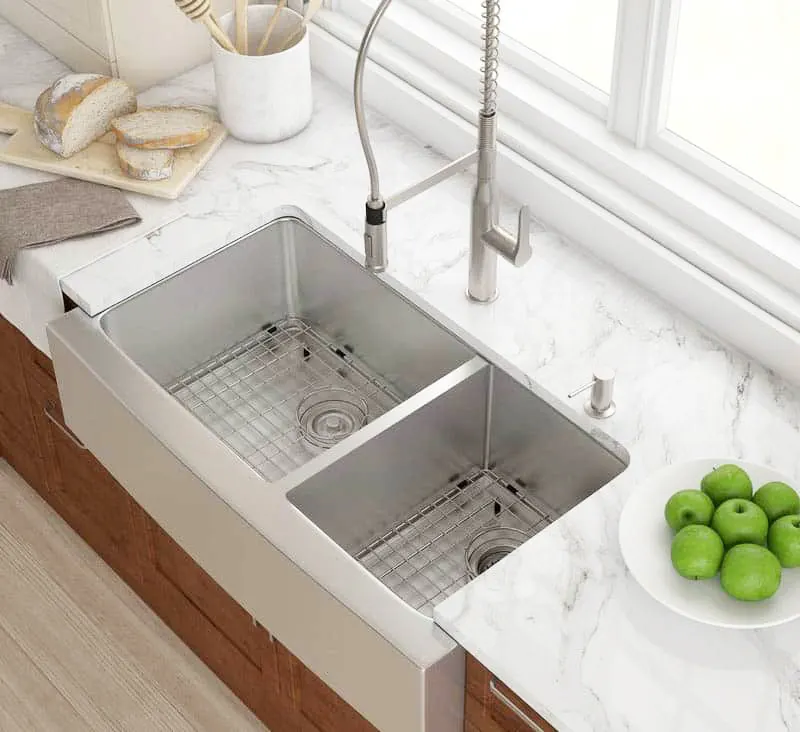 Deep double basin kitchen sink in stainless steel