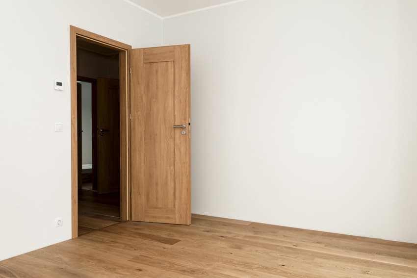 Empty room with hollow core door, white walls, and wood flooring