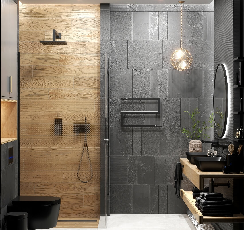 Gorgeous modern bathroom design with dark walls, tile floors, double sink and shower with laminate walls