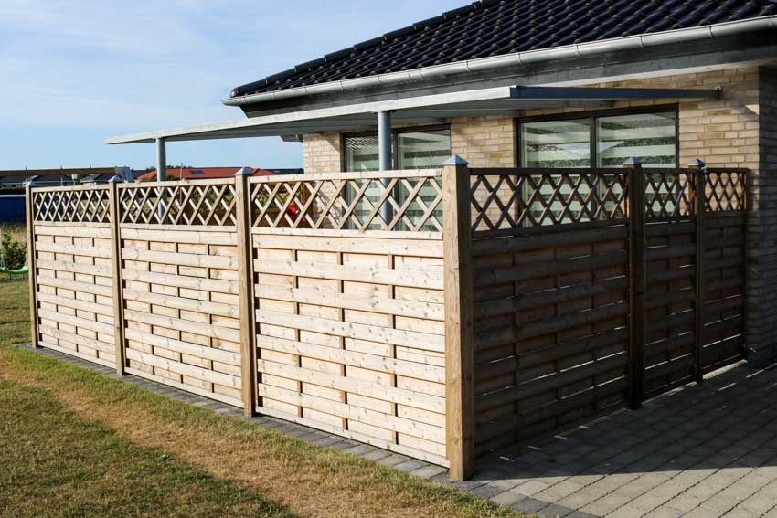 House with wood privacy fence, roof, and windows