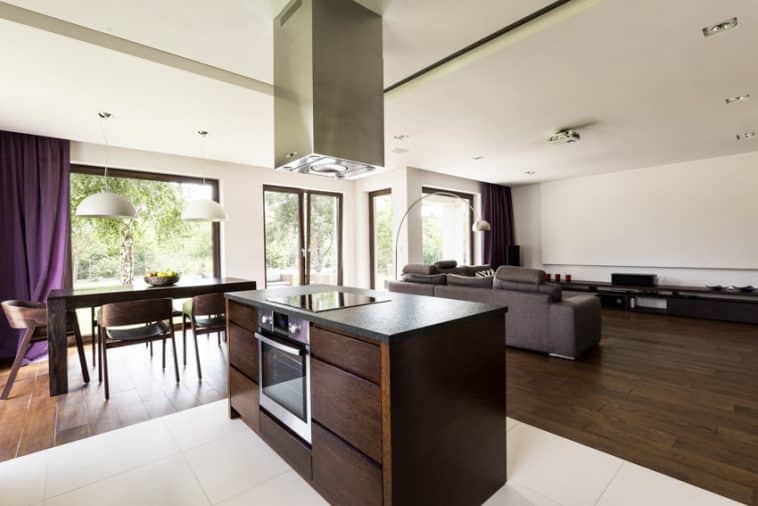 Microwave In Island Ideas Pros And Cons   Kitchen Near Living Area With Table Chairs Range Hood And Microwave In Island Ss 758x506 